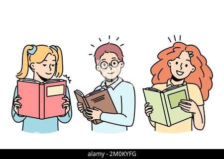 Neugierige Kinder lesen gerne Papierbücher. Porträts kluger Schulkinder, die offene Enzyklopädie betrachten. Junge, Mädchen halten das Lehrbuch in den Händen. Vektorkontur farbiger Satz isoliert auf weißem Hintergrund. Stock Vektor