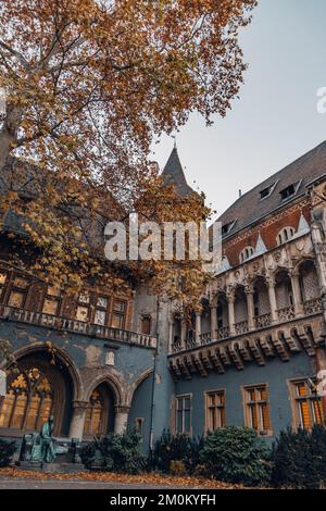 Die Burg Vajdahunyad, umgeben von wunderschönen Herbstbäumen in Budapest, Ungarn, vertikaler Schuss Stockfoto