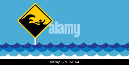 Tsunami-Warnung für Zeichentrickfilm, Schockwelle. Ein Tsunamis ist eine extrem hohe Welle aus dem Meer, die unerwartet die Küste überflutet, in der Regel verursacht durch einen Stockfoto
