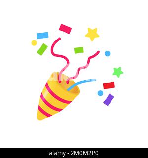 Explodierender Party-Popper mit Konfetti, heller Cartoon-Geburtstagskeks. Isolierte Vektordarstellung von Feier-Symbol-Emoji. Stockfoto