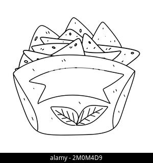 Abbildung: Mexikanische Corn Chips Nachos mit Salsa. Tortilla-Chips zum Doodle. Zeichnung für Restaurantmenü, Label, Banner Stock Vektor