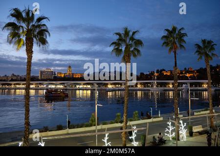 Blick auf Málaga in der Abenddämmerung vom Hafen. Spanien. Stockfoto