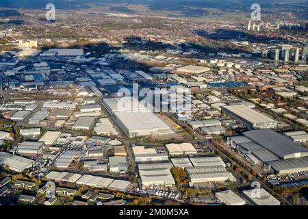 Eine Luftaufnahme des Trafford Park Industrial Estate, Manchester, Nordwestengland, Großbritannien Stockfoto