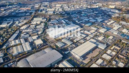 Eine Luftaufnahme des Trafford Park Industrial Estate, Manchester, Nordwestengland, Großbritannien Stockfoto