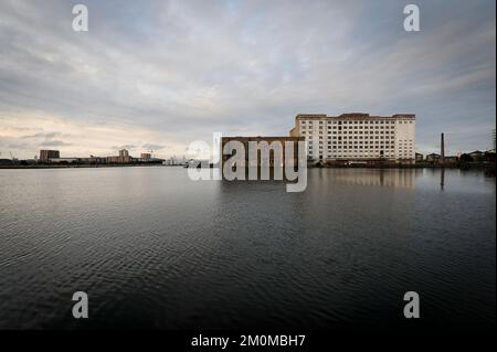 Die stillgelegten Millennium Mills in West Silvertown, erschossen auf Dawn. Stockfoto