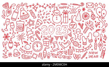 Neujahrskritzelchen, Weihnachtskritzelvektorset Stock Vektor