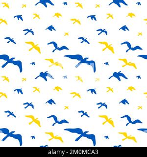 Nahtloses Muster mit fliegenden Vögeln in den Farben Gelb und Blau der ukrainischen Flagge. Vektordarstellung Stock Vektor