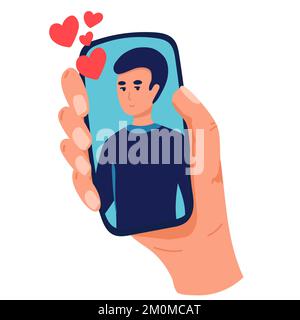 Videoanrufe mit einem geliebten Menschen. Weibliches Smartphone in der Hand. Freund auf dem Bildschirm. Das Konzept der Fernbeziehung. Flache Cartoon-Vektordarstellung. Stock Vektor