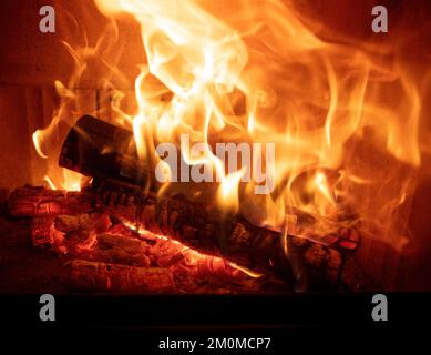 Feuer und brennende Holzstämme, Kamin in der Nähe, warmes Zuhause im Winter, Vorderansicht Stockfoto