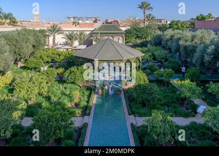 Der geheime Garten in Marrakesch. Zwei miteinander verbundene Gärten, einer ist mit exotischen Pflanzen gefüllt und der zweite ist ein islamischer Garten. Stockfoto