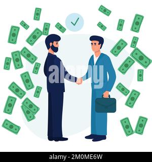 Geschäftspartnerschaft. Darstellung von Geschäftsleuten in Anzügen, die sich die Hände schütteln. Flaches Design isoliert auf weißem Hintergrund. Vektorgeld, Stock Vektor