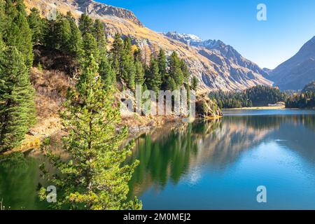 Idyllischer Blick auf den Cavloc-See (Lägh da Cavloc) in der Nähe des Maloja-Passes im Val Forno, Grisons, Schweiz Stockfoto