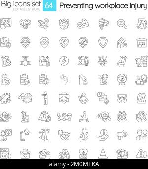 Vermeidung von Verletzungen am Arbeitsplatz, lineare große Symbole gesetzt Stock Vektor