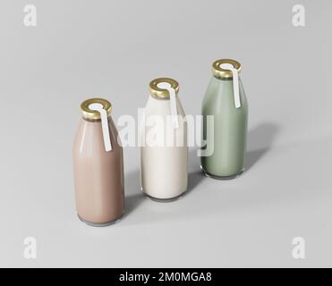 Milchtee in einer durchsichtigen Glasflasche, eine Glasflasche mit Milchmodell, 3D-Rendering, 3D-Modellierung Stockfoto