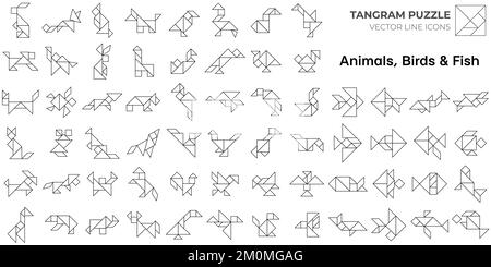 Tangram-Puzzle-Spiel. Symbole für isolierte Tangrammlinien. Stock Vektor