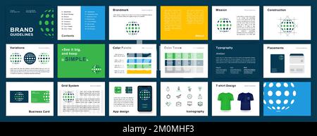 Vorlage für Richtlinien für grüne und blaue Marken. Präsentation zur Markenidentität. Vorlage für Logo-Richtlinien. Logo-Leitfaden. Logo-Präsentation Stock Vektor