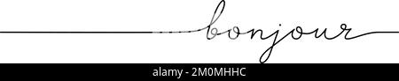Bonjour-Wort - durchgehende Zeile mit Wort. Minimalistisches Zeichnen der Phrasendarstellung. Stock Vektor