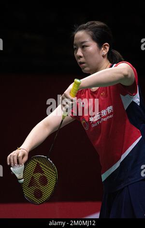 Bangkok, Thailand. 07.. Dezember 2022. Jia-Yi-Fan von China in Aktion während des Doppel-Badminton der Frauen bei den HSBC BTW World Tour Finals 2022 im Nimibutr-Stadion in Bangkok. Das Ergebnis sind Chen Qing Chen und Jia-Yi-Fan, die Zhang Shu Xian und Zheng Yu 2-1 (21-18, 17-21, 21-14) gewinnen. Gutschrift: SOPA Images Limited/Alamy Live News Stockfoto