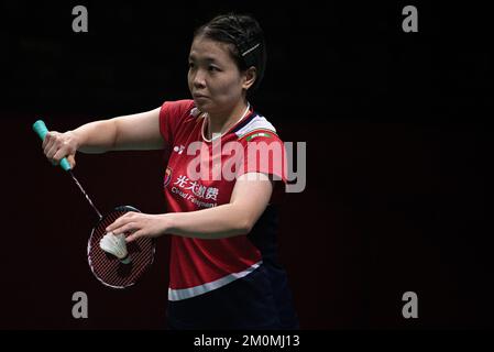 Bangkok, Thailand. 07.. Dezember 2022. Chen Qing Chen aus China in Aktion während des Doppel-Badminton der Frauen bei den HSBC BTW World Tour Finals 2022 im Nimibutr Stadion in Bangkok. Das Ergebnis ist, dass Chen Qing Chen und Jia Yi Fan Zhang Shu Xian und Zheng Yu 2-1 (21-18, 17-21, 21-14) gewinnen. Gutschrift: SOPA Images Limited/Alamy Live News Stockfoto