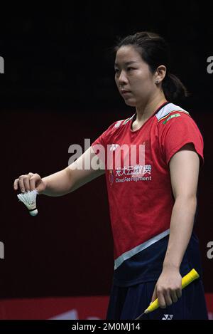 Bangkok, Thailand. 07.. Dezember 2022. Jia-Yi-Fan aus China, der während des Doppel-Badminton der Frauen bei den HSBC BTW World Tour Finals 2022 im Nimibutr-Stadion in Bangkok in Aktion gesehen wurde. Das Ergebnis ist Chen Qing Chen und Jia Yi Fan gewinnen gegen Zhang Shu Xian und Zheng Yu 2-1 (21-18, 17-21, 21-14) Kredit: SOPA Images Limited/Alamy Live News Stockfoto