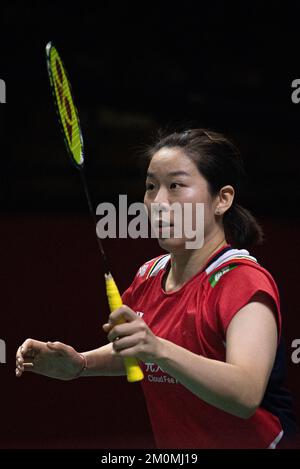 Bangkok, Thailand. 07.. Dezember 2022. Jia-Yi-Fan aus China, der während des Doppel-Badminton der Frauen bei den HSBC BTW World Tour Finals 2022 im Nimibutr-Stadion in Bangkok in Aktion gesehen wurde. Das Ergebnis ist Chen Qing Chen und Jia Yi Fan gewinnen gegen Zhang Shu Xian und Zheng Yu 2-1 (21-18, 17-21, 21-14) Kredit: SOPA Images Limited/Alamy Live News Stockfoto