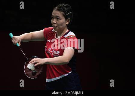 Bangkok, Thailand. 07.. Dezember 2022. Chen Qing Chen aus China in Aktion während des Doppel-Badminton der Frauen bei den HSBC BTW World Tour Finals 2022 im Nimibutr Stadion in Bangkok. Das Ergebnis: Chen Qing Chen und Jia Yi Fan gewinnen Zhang Shu Xian und Zheng Yu 2-1 (21-18, 17-21, 21-14) (Foto: Peerapon Boonyakiat/SOPA Images/Sipa USA) Guthaben: SIPA USA/Alamy Live News Stockfoto