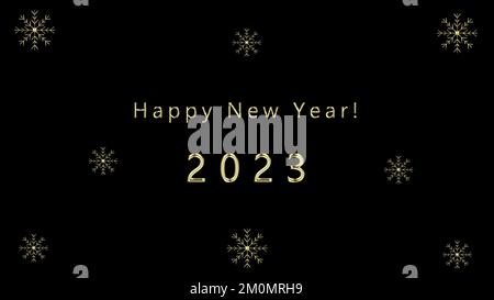 „Happy New Year 2023“-Karte. Silvester-Nachricht 2023 mit goldenen Buchstaben und Zahlen auf schwarzem Hintergrund und dekorativen goldenen Schneeflocken. Stockfoto