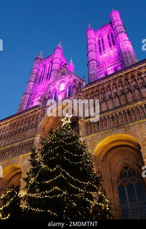 Der jährliche Lincoln Christmas Market findet jedes erste Wochenende im Dezember statt. Der Markt findet in der bergauf gelegenen Gegend der Stadt statt, bekannt als Bailgate, hauptsächlich um die Kathedrale und das Schloss herum. Die Kathedrale, wenn sie mit Flutlicht beleuchtet wurde, im Jahr 2022 eine blaue/violette Farbe, was sie zu einem zentralen Stück macht, das über der Stadt zu sehen ist. Tausende von Menschen aus ganz Europa auf den Markt zu bringen, wird manchmal zu einem Einbahnsystem, das es der großen Zahl von Menschen ermöglicht, sicher umherzugehen. Der Weihnachtsbaum vor der beleuchteten Kathedrale. Stockfoto