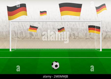 Fans der deutschen Fußballmannschaft mit deutschen Flaggen, die das Stadion anfeuern, Elfmeterball-Konzept bei einem Fußballspiel. Sportvektordarstellung. Stock Vektor