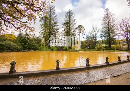 FURNAS, AZOREN, PORTUGAL - DEZEMBER 4.: Thermalbad im Terra Nostra Park, ein beliebtes Touristenziel am 4.. Dezember 2022 in Furnas, Portugal Stockfoto