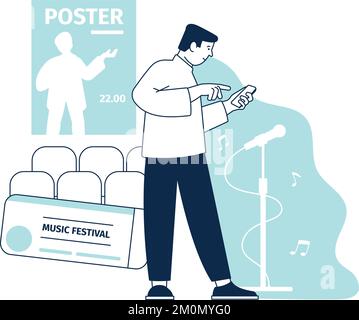 Eintrittskarten für Musikfestivals kaufen App. Man Purchase Event-Pass Stock Vektor