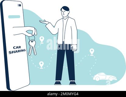 Car-Sharing-App-Konzept. Smartphone-Bildschirm mit Autoschlüsseln Stock Vektor