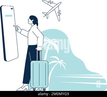 Frau kauft Flugticket in der Smartphone-App. Online-Service-Konzept Stock Vektor