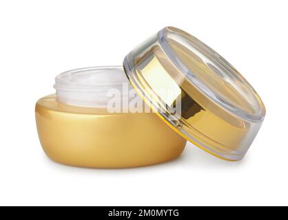 Öffnen Sie den leeren, auf Weiß isolierten Behälter aus goldenem Glas mit kosmetischer Creme Stockfoto