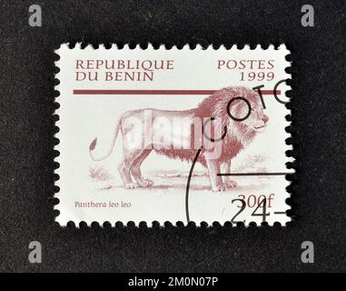 Von Benin gedruckte Briefmarke, die den Löwen (Panthera leo) aus dem Jahr 1999 zeigt. Stockfoto