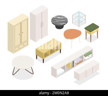 Kleiderschränke und Tisch – Moderne vektorisometrische farbenfrohe Elemente Stock Vektor