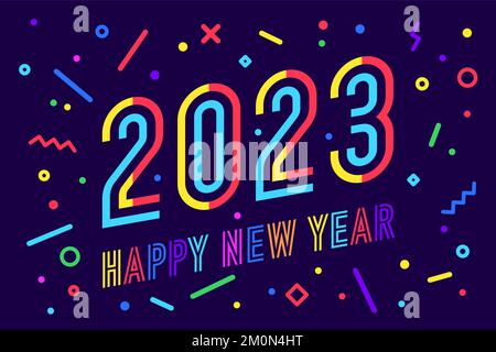 2023, Frohes neues Jahr. Grußkarte mit Aufschrift Happy New Year 2023. Leuchtender geometrischer Stil für ein frohes neues Jahr oder Frohe Weihnachten. Urlaubshintergrund, Banner, Poster. Vektordarstellung Stock Vektor
