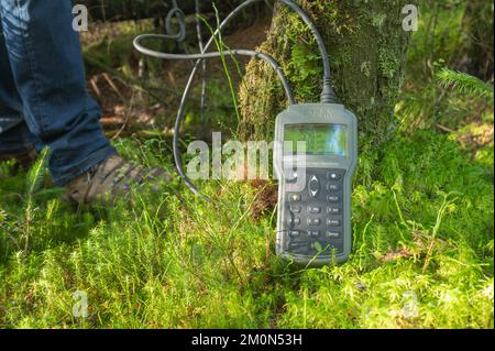 Hanna Sonde und Messgerät zur Messung der chemischen Eigenschaften von Wasser in den Vorwässern des Flusses Doethie, Bryn Deilos, Wales, Großbritannien Stockfoto