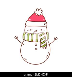 Süßer Schneemann mit weihnachtsmannmütze und Schal isoliert auf weißem Hintergrund. Handgezeichnete Vektorgrafik im Doodle-Stil. Kawaii-Figur. Perfekt für Karten, Dekorationen, Logos und Weihnachtsdesigns. Stock Vektor