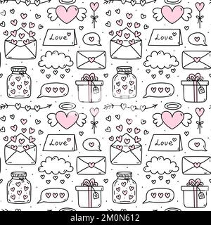 Süßes, nahtloses Muster für den Valentinstag mit Herzen, Pfeilen, Geschenken, Wolken, Liebesbriefen und Umschlägen. Handgezeichnete Vektorgrafik. Perfekt für Weihnachtsdesigns, Druck, Dekor, Verpackung. Stock Vektor