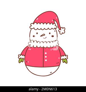 Süßer Schneemann in einem Weihnachtskostüm isoliert auf weißem Hintergrund. Handgezeichnete Vektorgrafik im Doodle-Stil. Kawaii-Figur. Perfekt für Karten, Dekorationen, Logos und Weihnachtsdesigns. Stock Vektor