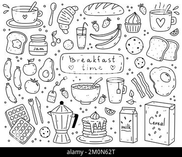 Süßes Frühstücksessen - Spiegeleier, Speck, Toast, Würstchen, Kaffee, Tee, Haferbrei, Pfannkuchen, Müsli und Cornflakes und andere. Handgezeichnete Vektorgrafik. Perfekt für Karten, Dekorationen, Logos. Stock Vektor