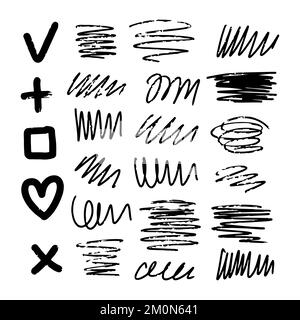 Satz von schwarzen abstrakten Pinselstrichen, Linien, Zeichen, Verwacklungen und Verdrehungen. Handgezeichnete Vektordarstellung isoliert auf weißem Hintergrund. Perfekt für Dekorationen und verschiedene Designs. Stock Vektor