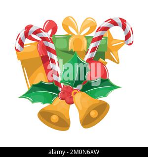 Weihnachtsdekoration, Stachelblätter, Zuckerrohr, Geschenkschachteln und Glocken für fröhliche weihnachtskarte Stock Vektor