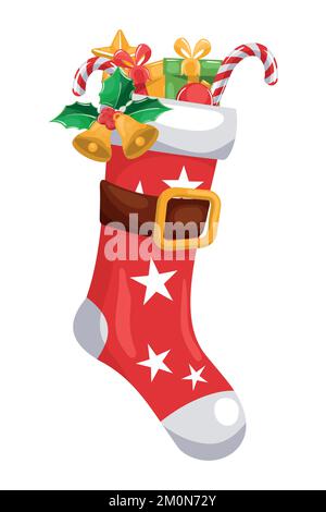 Weihnachtsmann-Strumpf, mit Weihnachtsdekorationen, Glocken, Heilienblättern, Geschenken, Zuckerstange für fröhliche weihnachtskarte Stock Vektor