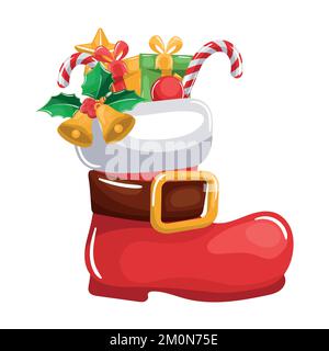 weihnachtsmann-Stiefel, mit Weihnachtsdekorationen, Glocken, Holly-Blättern, Geschenken, Zuckerstange für fröhliche weihnachtskarte Stock Vektor