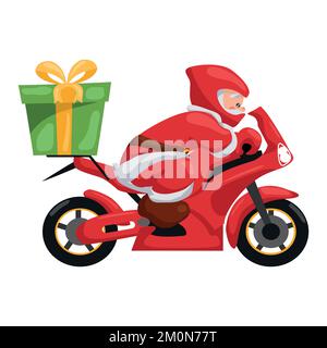 Der Weihnachtsmann fährt auf einem modernen Motorrad und bringt Geschenke. Weihnachtskarte mit Schmuckdesign für fröhliche weihnachten Stock Vektor