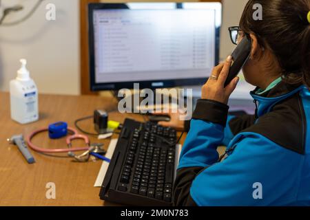 Junge Ärztin, die am Computer telefoniert und am Schreibtisch sitzt Stockfoto