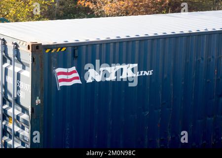 Schiffscontainer der NYK Line auf einem intermodalen Zug, Großbritannien Stockfoto