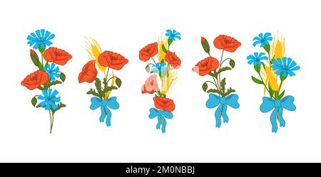 Blumenstrauß mit Wiesenblumen. Blau und Gelb. Zusammensetzung von Mohn- und Cornflower-Blüten, Weizenspikelets. Geschenk Blumen für Damen. Stock Vektor